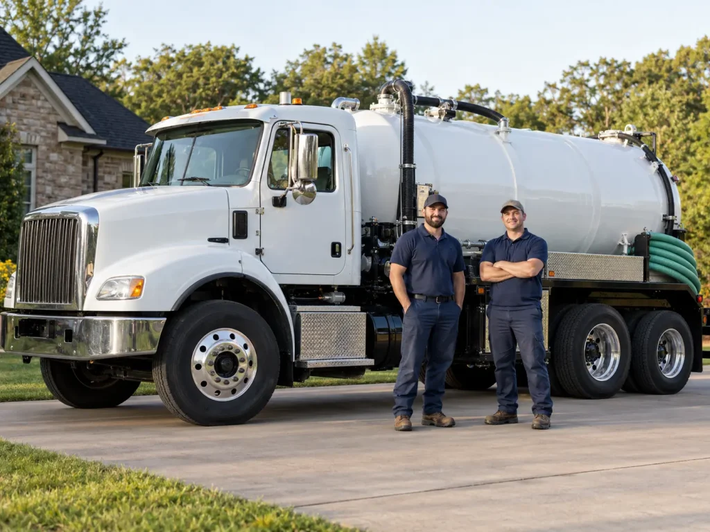 Two septic technicians standing beside a vacuum pump truck in Huntsville, AL