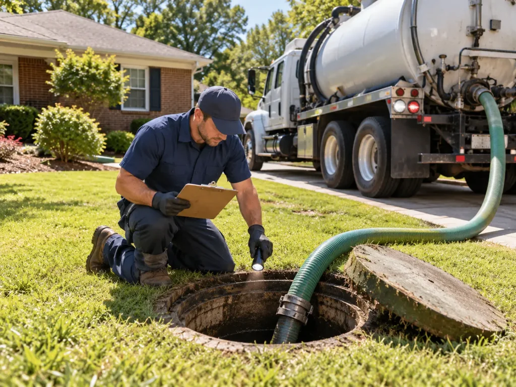 Septic inspector checking an open septic tank with a clipboard in a Huntsville, AL yard