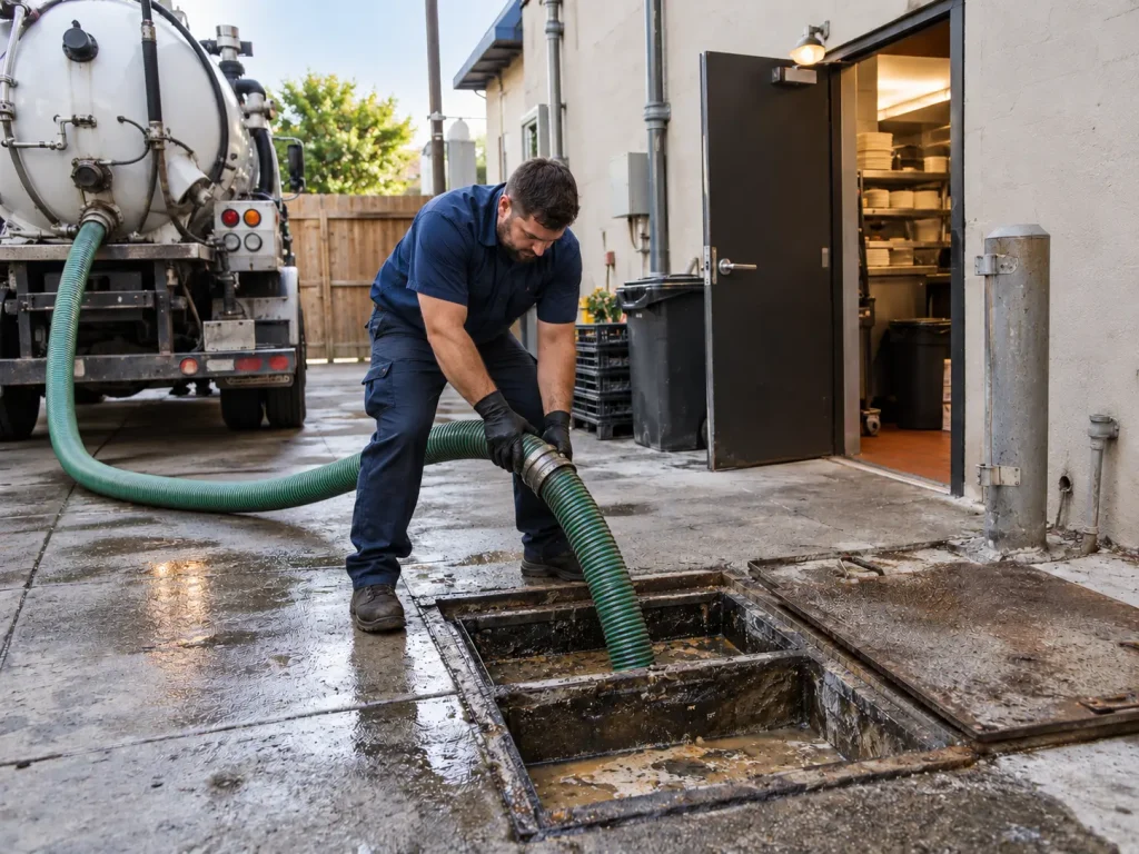 Technician pumping a commercial grease trap behind a restaurant in Huntsville, AL