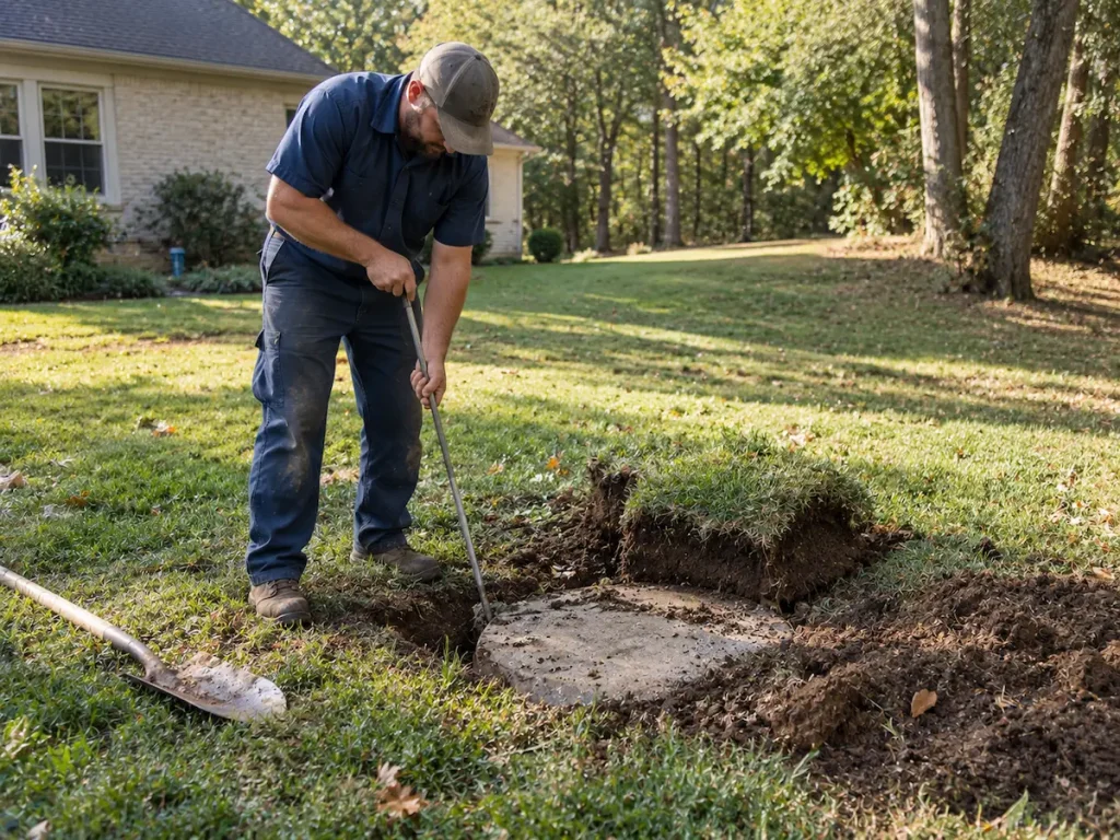 Technician probing a lawn to locate a buried septic tank lid in Huntsville, AL