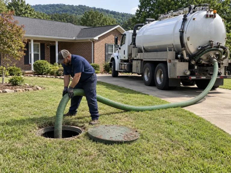 Septic technician pumping a residential tank in Huntsville, AL
